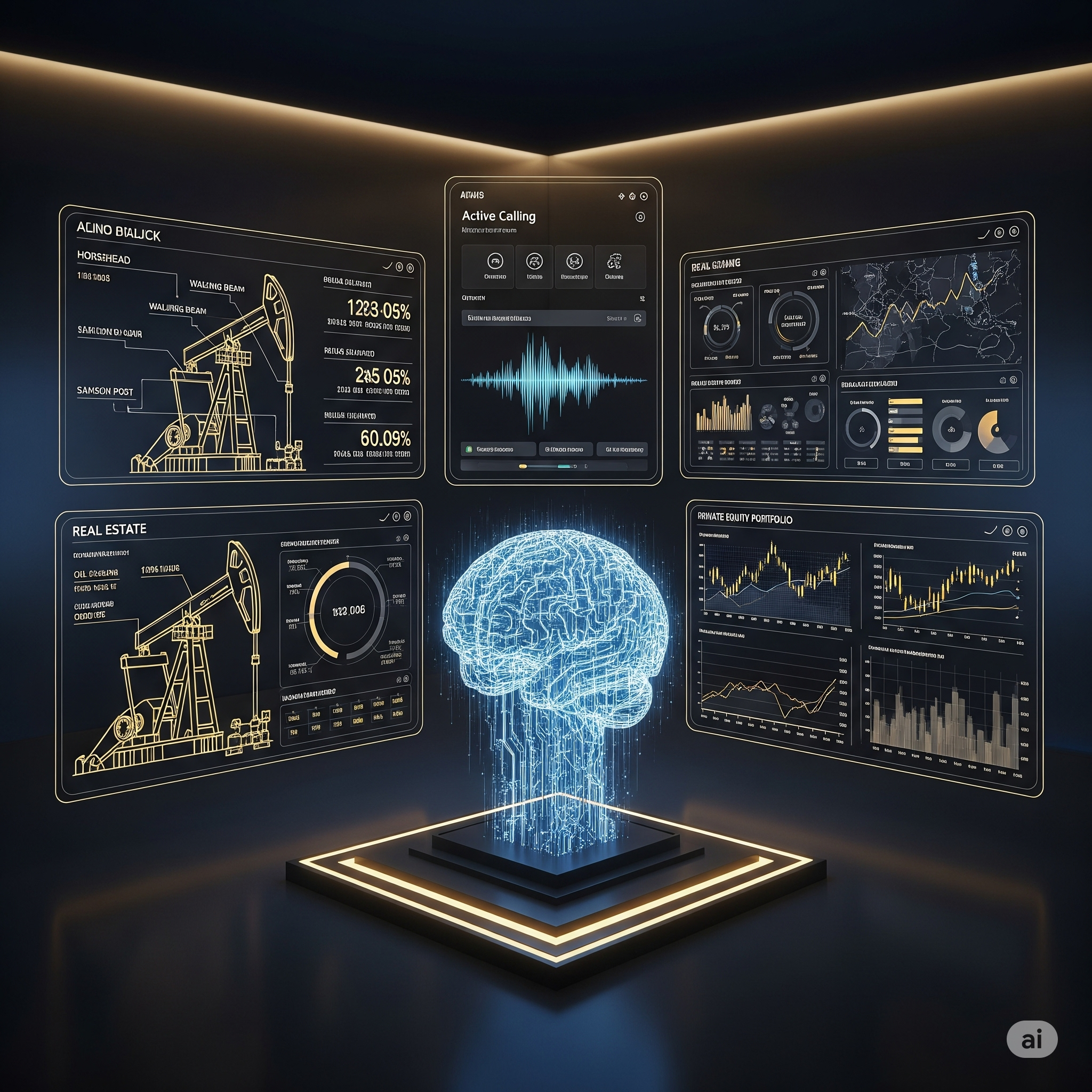 AI brain surrounded by active calling dashboards across investment sectors