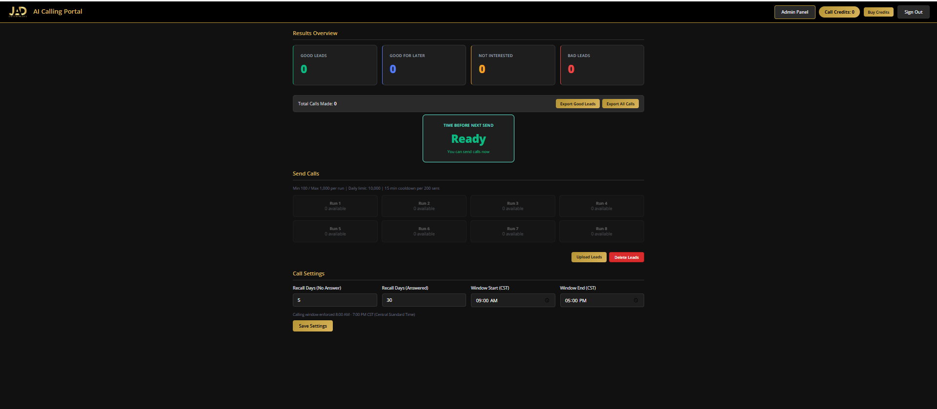 AI Calling Portal dashboard with results overview, run grid, and call settings