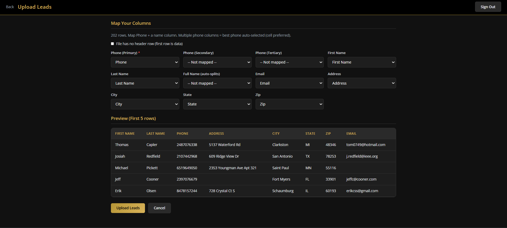Lead upload preview with data validation