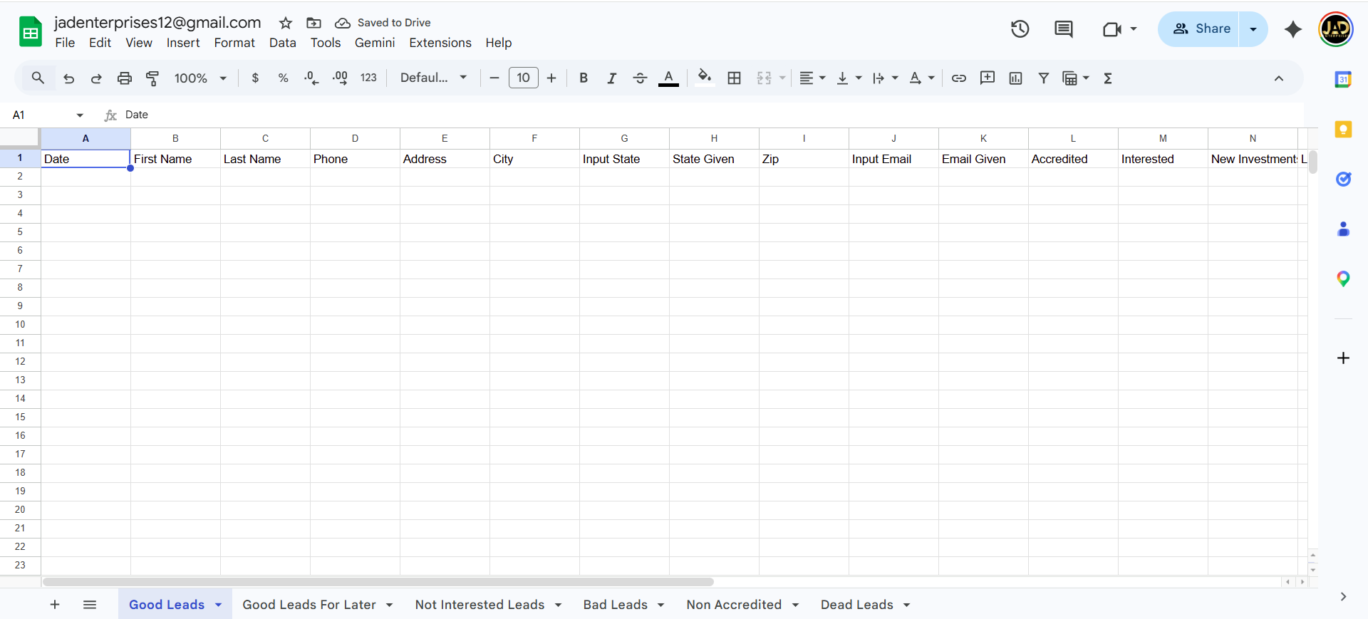 Google Sheets showing separate tabs per lead classification