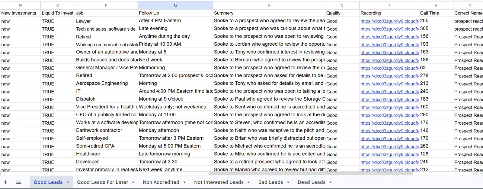 Google Sheets showing separate tabs per lead classification