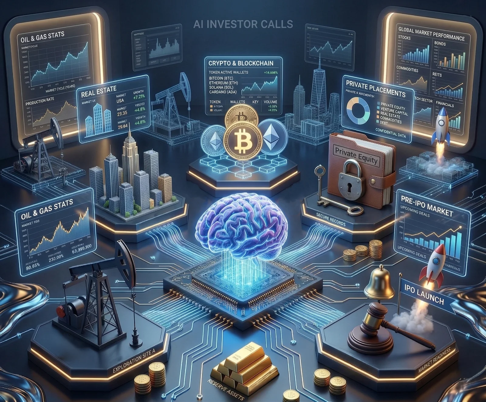 AI brain surrounded by active calling dashboards across investment sectors
